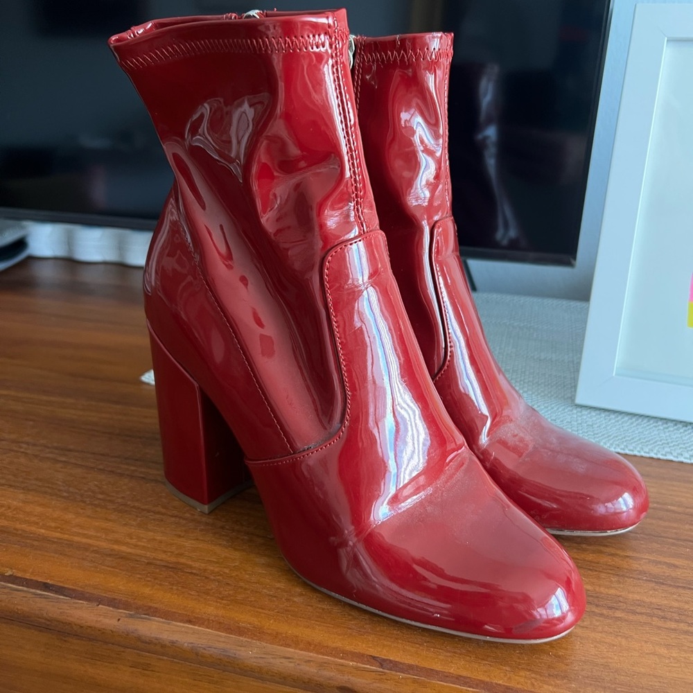 Steve Madden Red Patent Block Heel Ankle Boots